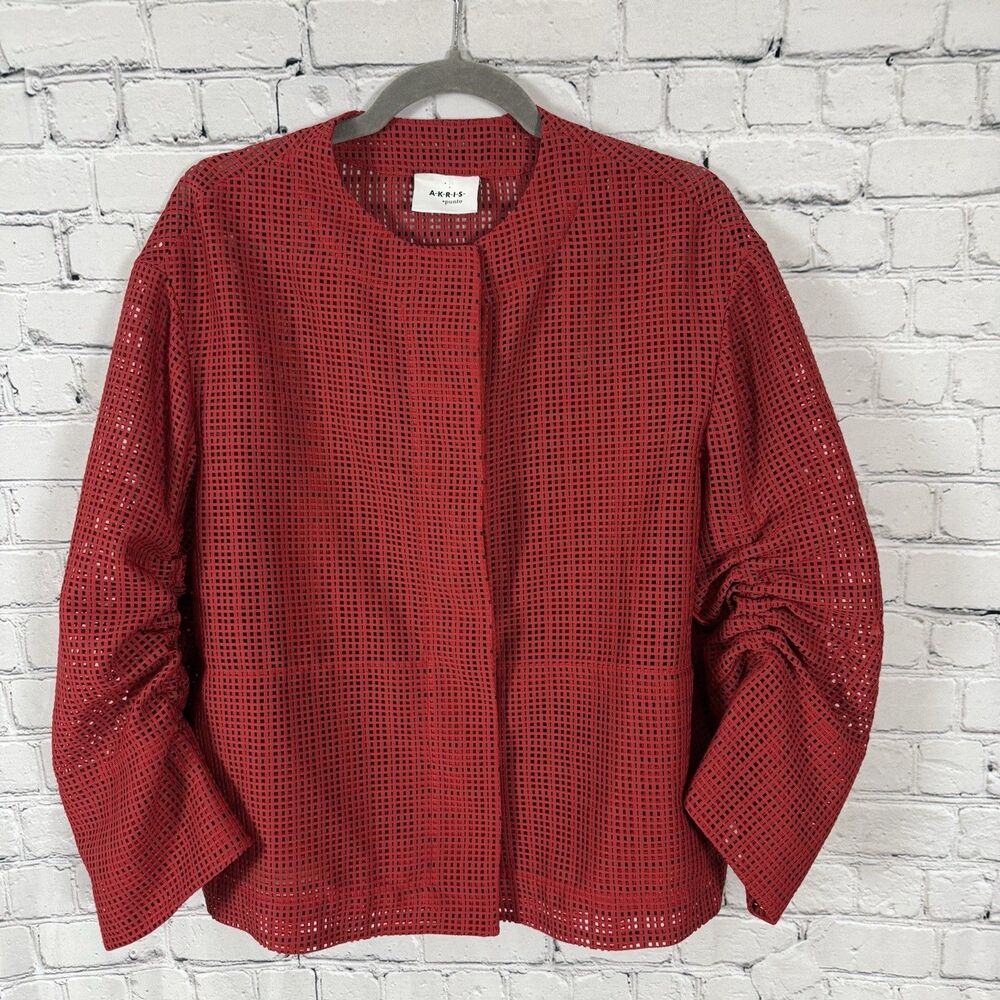 AKRIS Punto Mesh Grid Jacket Luminous Red Semi Sheer Adjustable Sleeve - Picture 4 of 16